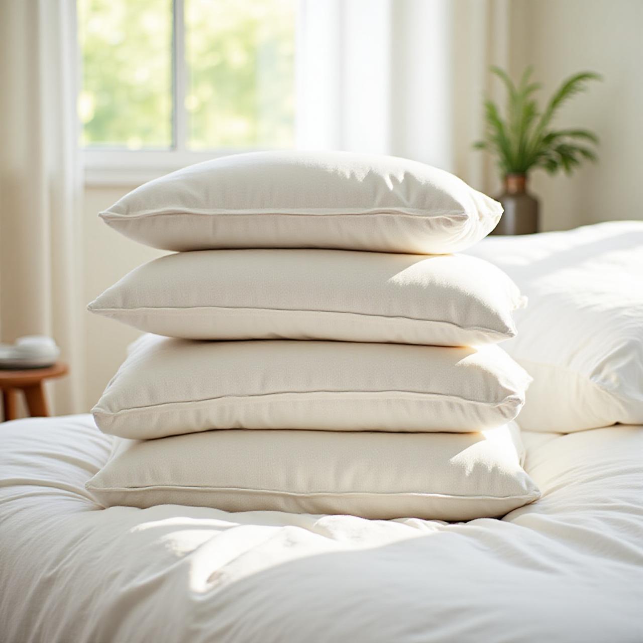 Soft luxury pillows arranged on a sunlit bed
